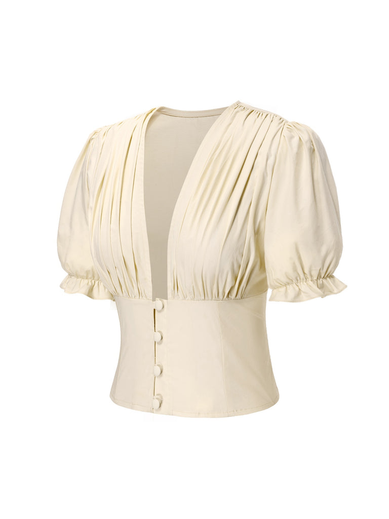 Cream 1940s Cotton Deep V-Neck Ruched Top - vintage fashion, retro style