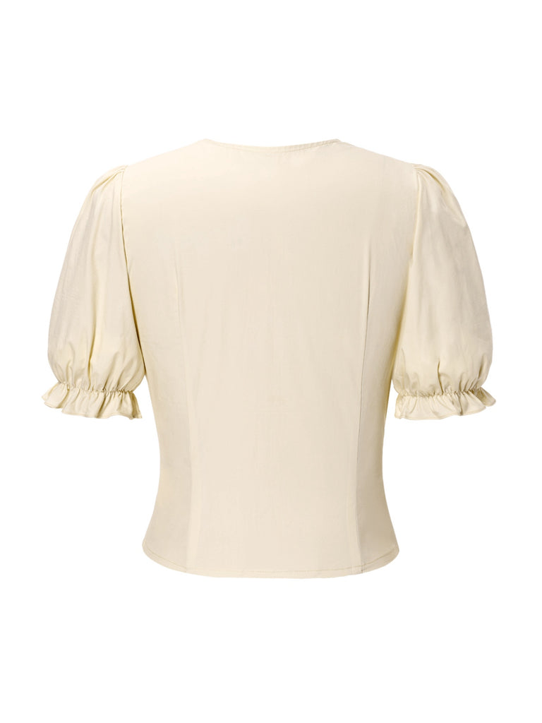 Cream 1940s Cotton Deep V-Neck Ruched Top - vintage fashion, retro style