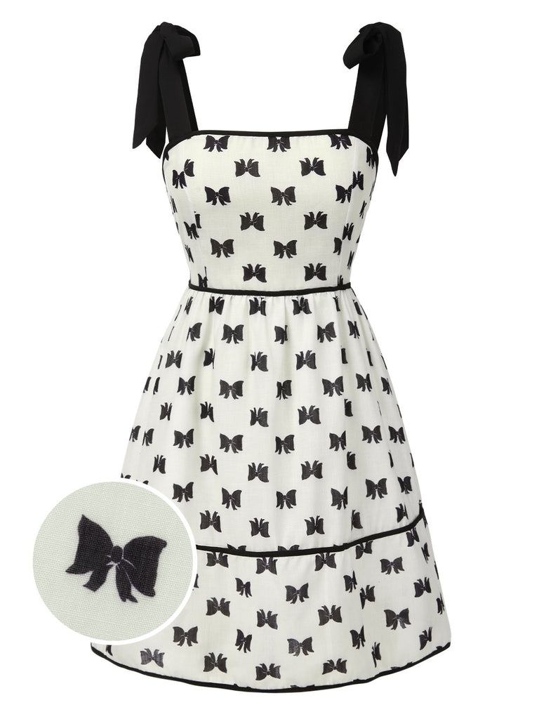 Cream 1950s Bow Tie-Up Straps Smocked Dress - vintage dress, retro fashion, rockabilly