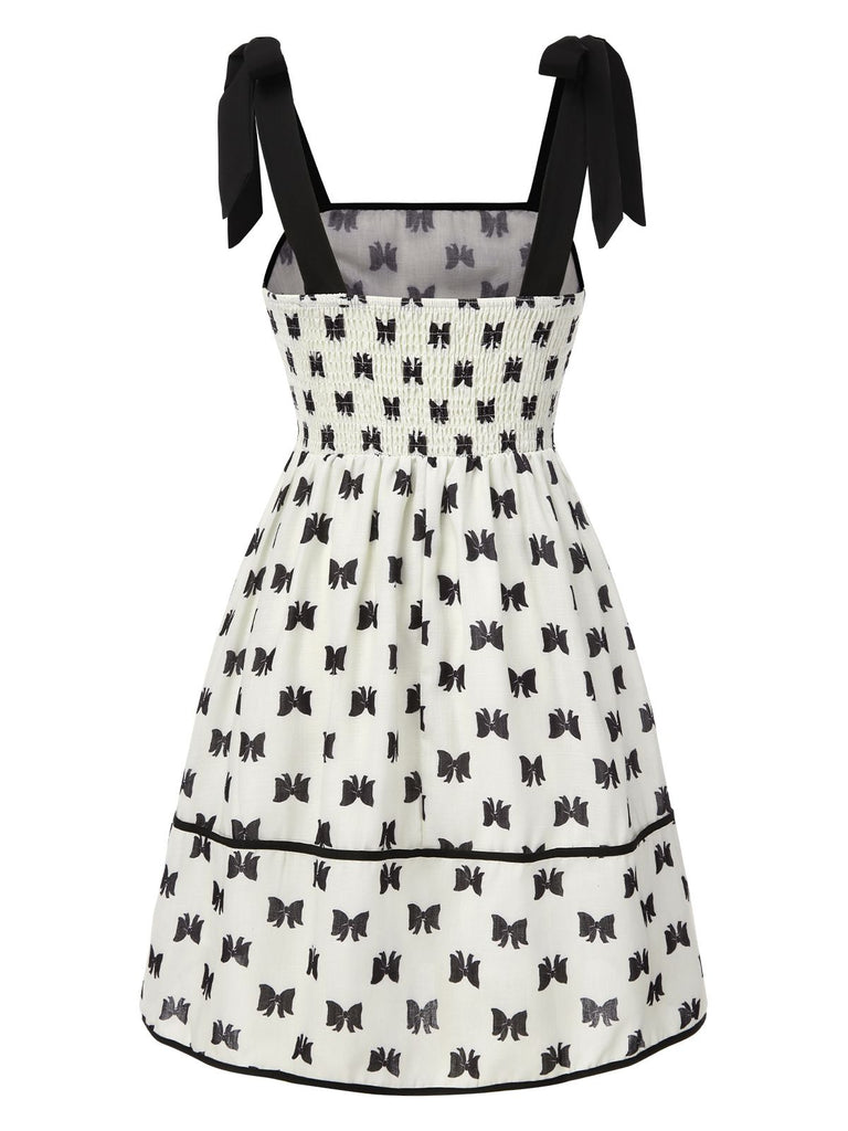 Cream 1950s Bow Tie-Up Straps Smocked Dress, vintage dress, retro fashion, rockabilly, pin-up fashion - perfect for women who love vintage and retro fashion