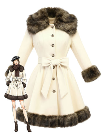 Cream 1950s Fur Collar Patchwork Coat - vintage fashion, retro style