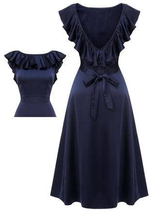 Dark Blue 1930s Flounce Sleeve Cowl Neck Trumpet Dress, vintage dress, retro fashion - perfect for women who love vintage and retro fashion