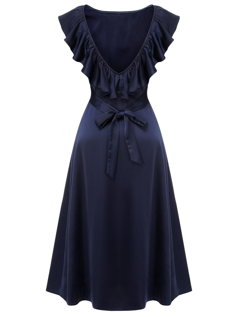 Dark Blue 1930s Flounce Sleeve Cowl Neck Trumpet Dress, vintage dress, retro fashion - perfect for women who love vintage and retro fashion