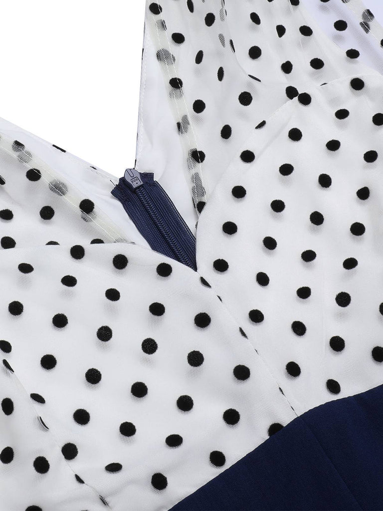 This Dark Blue 1930s Polka Dot Patchwork Jumpsuit whispers 1930s secrets to those who notice