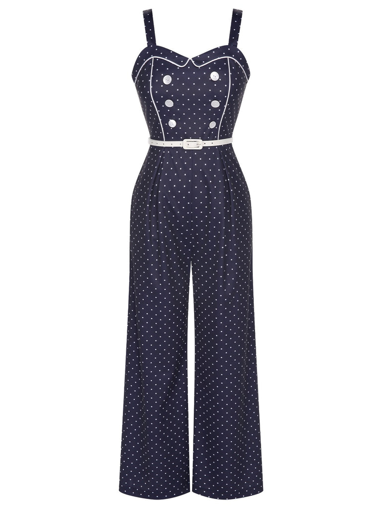 Dark Blue 1930s Polka Dots Straps Jumpsuit, vintage romper, retro jumpsuit - perfect for women who love vintage and retro fashion