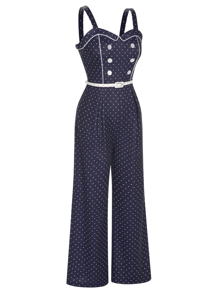 Dark Blue 1930s Polka Dots Straps Jumpsuit, vintage romper, retro jumpsuit - perfect for women who love vintage and retro fashion