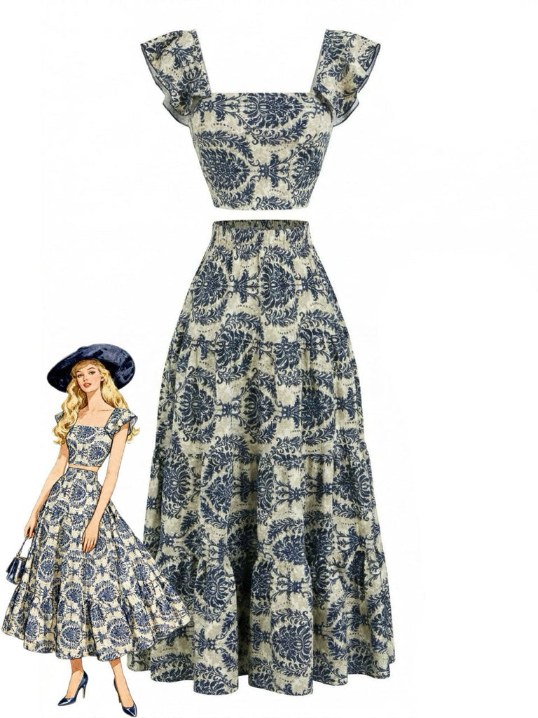 2PCS 1970s Square-Neck Floral Flutter Sleeve Top & Maxi Skirt - vintage skirt, retro style for vintage lovers