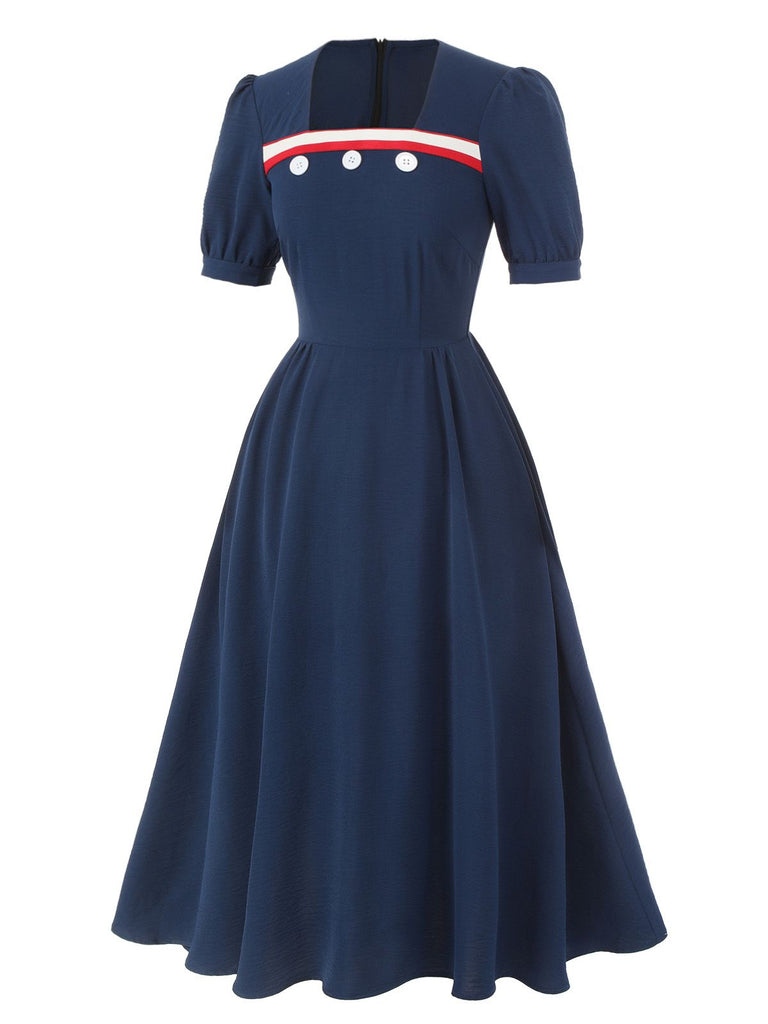 Dark Blue 1930s Square Neck Button Puff Dress, vintage dress, retro fashion - perfect for women who love vintage and retro fashion