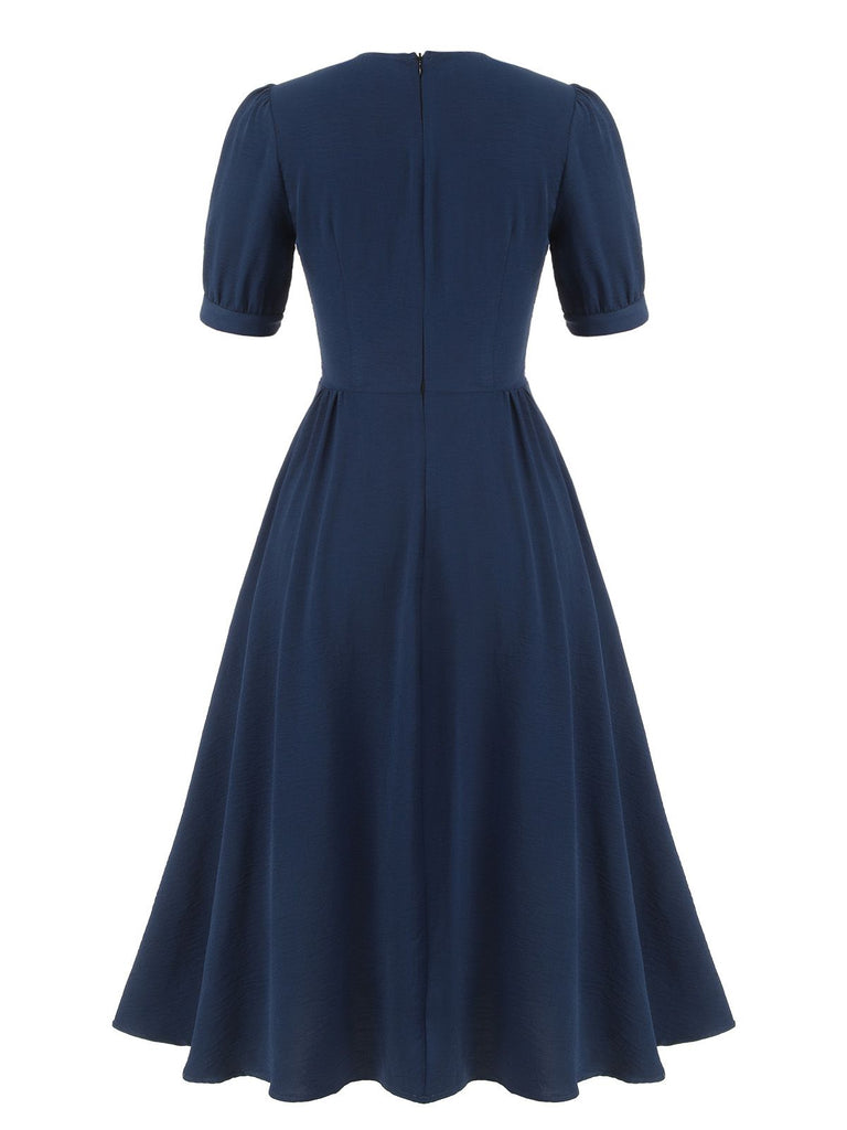 Dark Blue 1930s Square Neck Button Puff Dress, vintage dress, retro fashion - perfect for women who love vintage and retro fashion