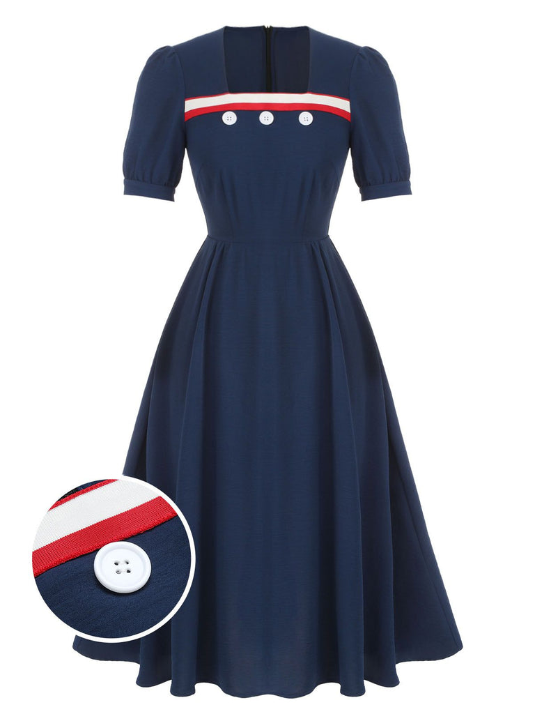 Dark Blue 1930s Square Neck Button Puff Dress, vintage dress, retro fashion - perfect for women who love vintage and retro fashion