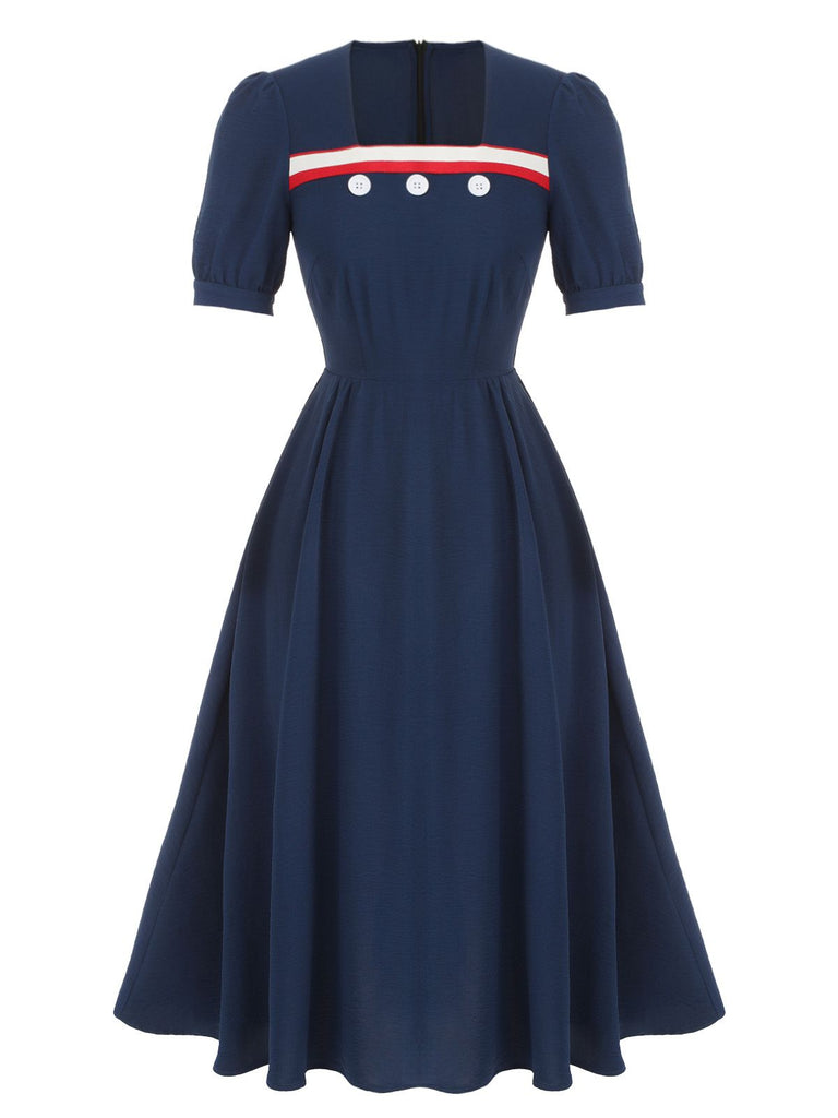 Dark Blue 1930s Square Neck Button Puff Dress, vintage dress, retro fashion - perfect for women who love vintage and retro fashion