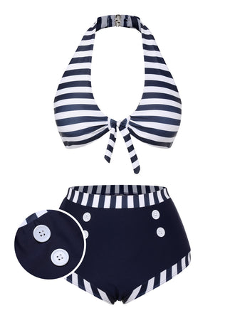 Dark Blue 1930s Stripes Halter Buttons Swimsuit, vintage swimsuit, pin-up swimwear - perfect for women who love vintage and retro fashion