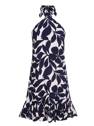 Dark Blue 1940s Backless Halter Floral Dress, vintage dress, retro fashion, floral print - perfect for women who love vintage and retro fashion