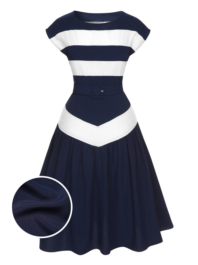 Dark Blue 1940s Boat Neck Stripe Dress, vintage dress, retro fashion - perfect for women who love vintage and retro fashion