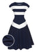 Dark Blue 1940s Boat Neck Stripe Dress, vintage dress, retro fashion - perfect for women who love vintage and retro fashion