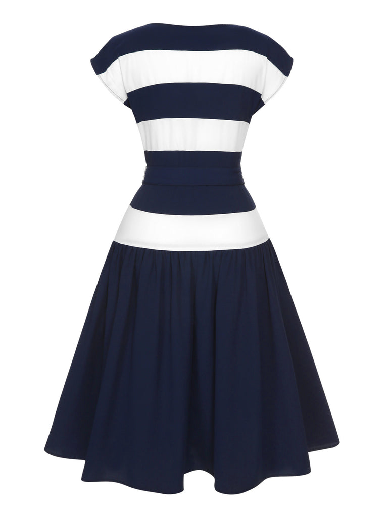 Dark Blue 1940s Boat Neck Stripe Dress: where 1940s romance meets her modern spirit