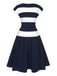 Dark Blue 1940s Boat Neck Stripe Dress: where 1940s romance meets her modern spirit