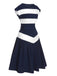 This Dark Blue 1940s Boat Neck Stripe Dress wraps her in 1940s elegance, one twirl at a time