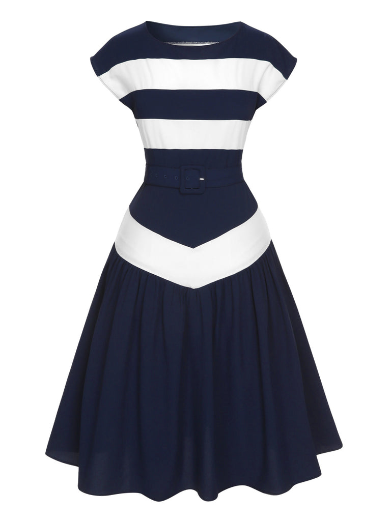 Dark Blue 1940s Boat Neck Stripe Dress — the kind of 1940s dress that makes strangers smile