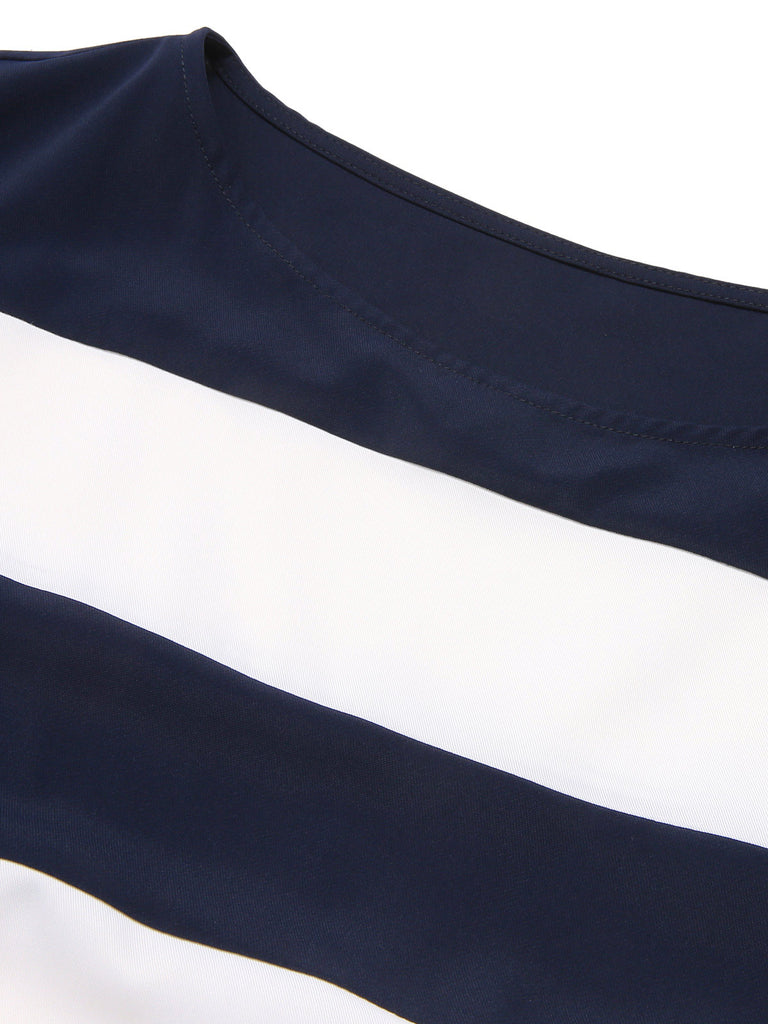 Dark Blue 1940s Boat Neck Stripe Dress — a 1940s silhouette that turns sidewalks into runways