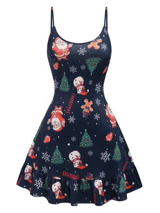 Dark Blue 1940s Christmas Straps Nightgown, vintage fashion, retro style - perfect for women who love vintage and retro fashion