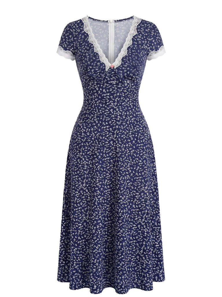 Dark-Blue-1940s-Floral-Lace-V-Neck-Patchwork-Dress, vintage, retro, dress