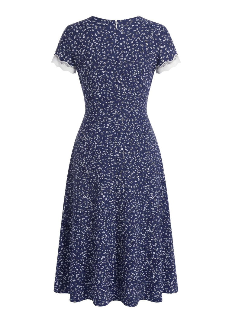 Dark-Blue-1940s-Floral-Lace-V-Neck-Patchwork-Dress, vintage, retro, dress