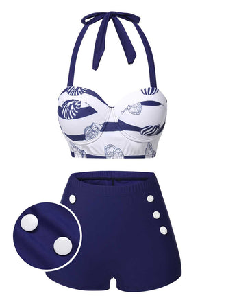 She's wearing Dark Blue 1940s Halter Ocean Stripes Swimsuit and the whole beach remembers the 1940s