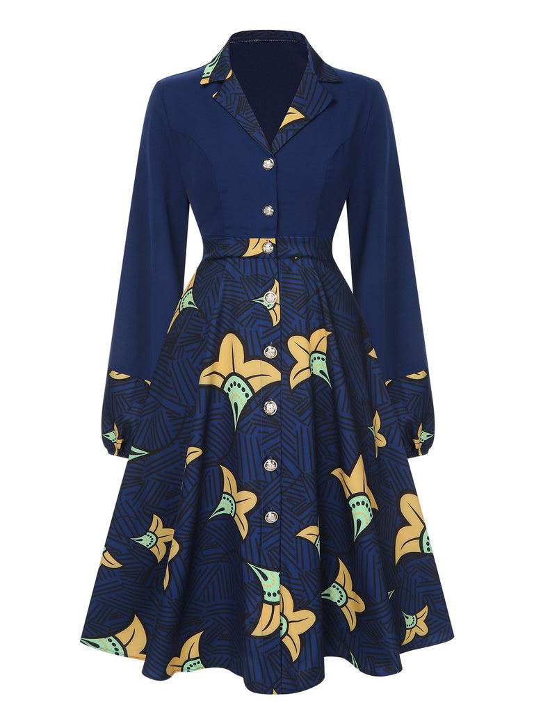 Dark Blue 1940s Lapel Cartoon Floral Dress, vintage dress, retro fashion, floral print - perfect for women who love vintage and retro fashion
