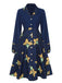 Dark Blue 1940s Lapel Cartoon Floral Dress, vintage dress, retro fashion, floral print - perfect for women who love vintage and retro fashion