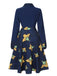 Dark Blue 1940s Lapel Cartoon Floral Dress, vintage dress, retro fashion, floral print - perfect for women who love vintage and retro fashion