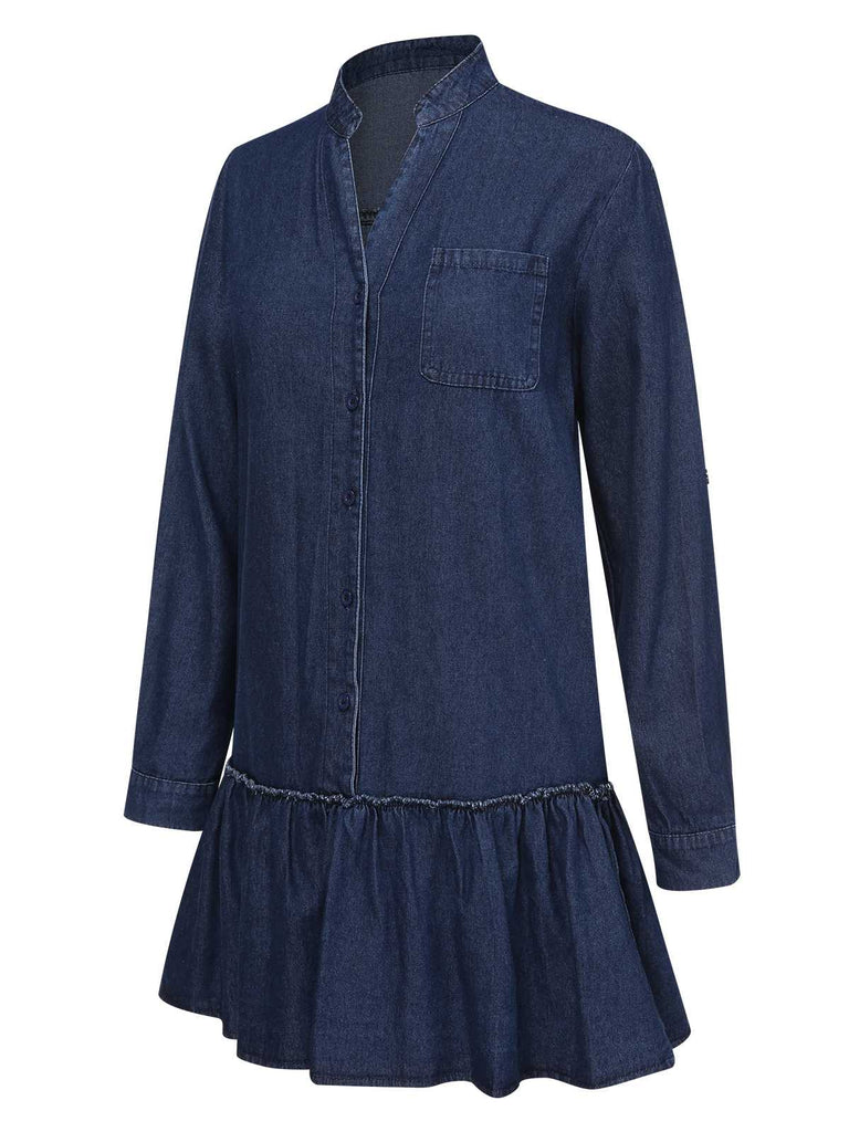 Dark Blue 1940s Stand Collar Ruffle Hem Denim Dress: where 1940s romance meets her modern spirit
