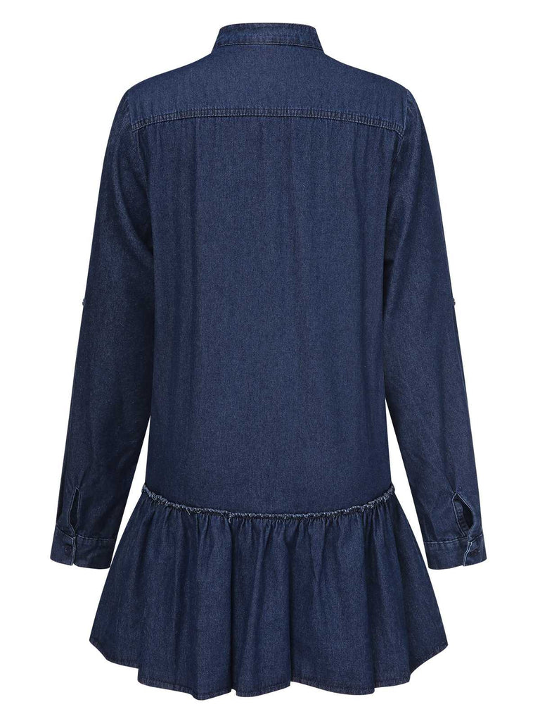 This Dark Blue 1940s Stand Collar Ruffle Hem Denim Dress wraps her in 1940s elegance, one twirl at a time