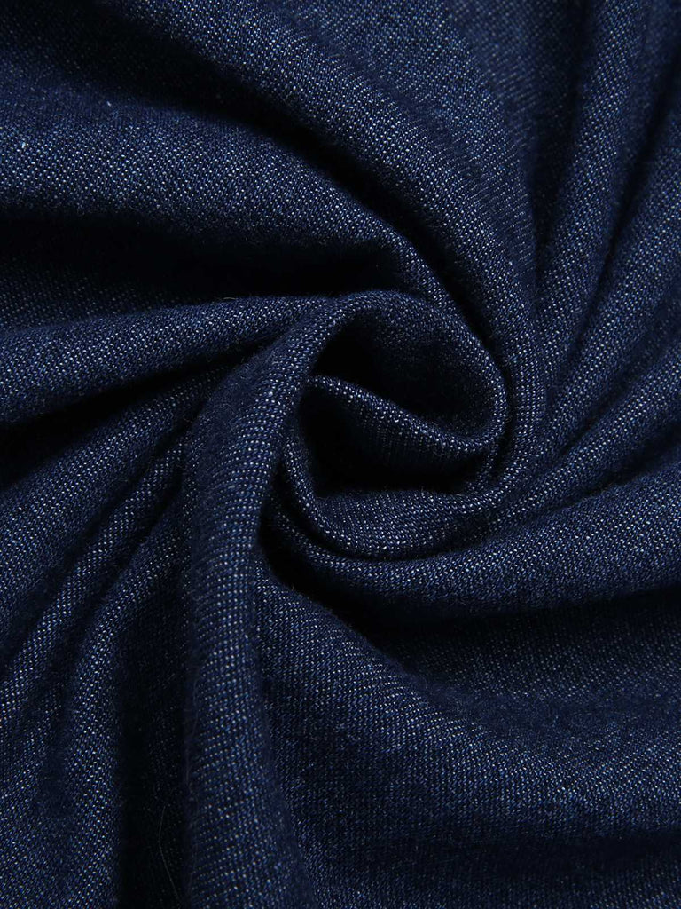 Dark Blue 1940s Stand Collar Ruffle Hem Denim Dress — the kind of 1940s dress that makes strangers smile