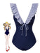 She's wearing Dark Blue 1940s Striped Ruffled Swimsuit and the whole beach remembers the 1940s