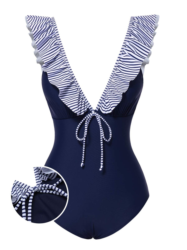 Dark Blue 1940s Striped Ruffled Swimsuit: 1940s Riviera elegance, reimagined for her