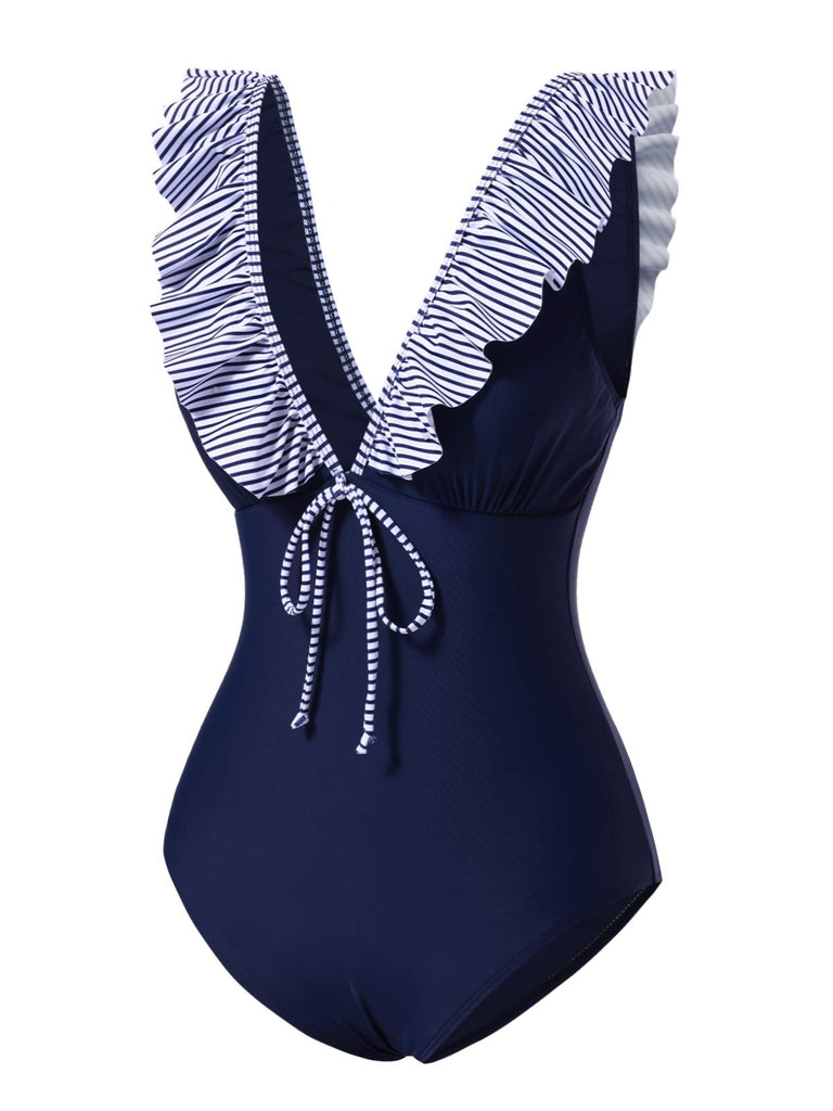 Dark Blue 1940s Striped Ruffled Swimsuit — because 1940s glamour never goes out of style