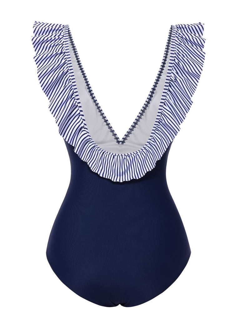 Dark Blue 1940s Striped Ruffled Swimsuit — 1940s poolside glamour meets sun-drenched confidence