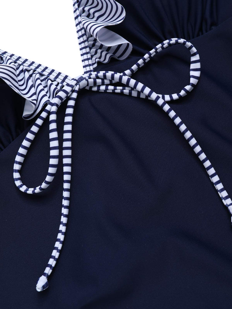 Dark Blue 1940s Striped Ruffled Swimsuit: 1940s Riviera elegance, reimagined for her