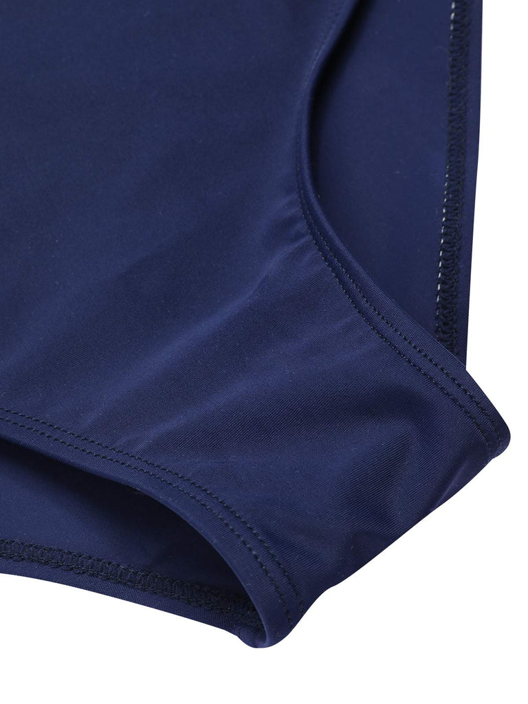 This Dark Blue 1940s Striped Ruffled Swimsuit carries 1940s vacation dreams in every stitch