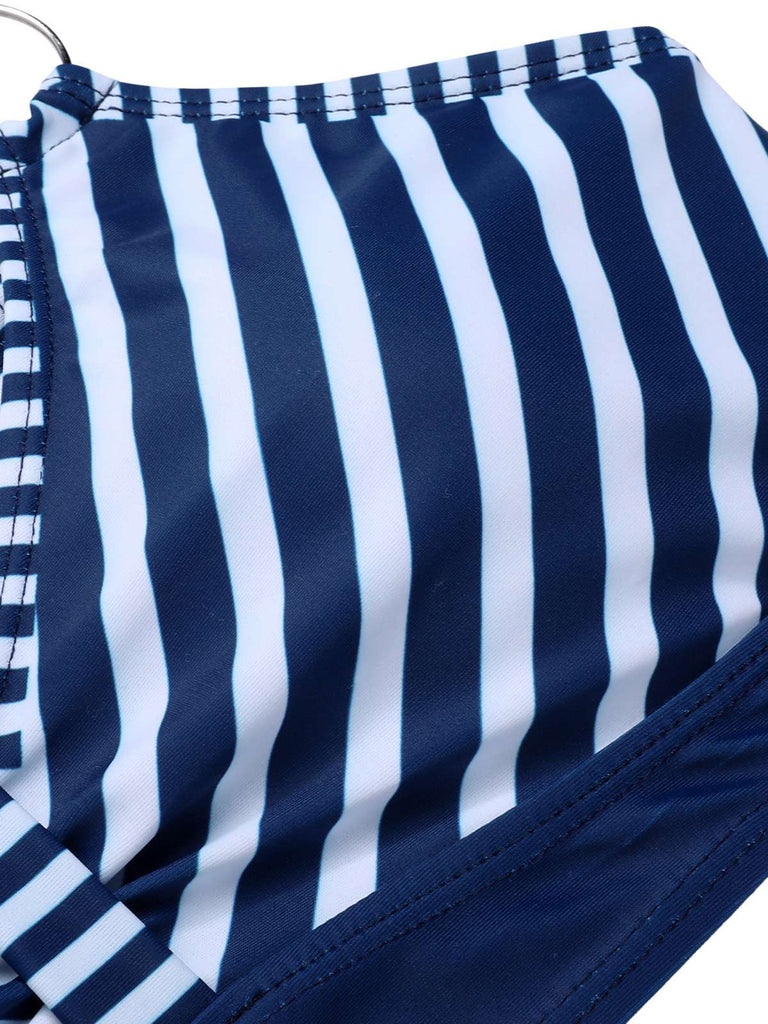 Dark Blue 1940s Stripes Strap Drawstring Swimsuit, vintage swimsuit, pin-up swimwear - perfect for women who love vintage and retro fashion