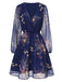 She slips into this Dark Blue 1940s V-Neck Floral Puff Sleeve Dress and suddenly it's a 1940s daydream