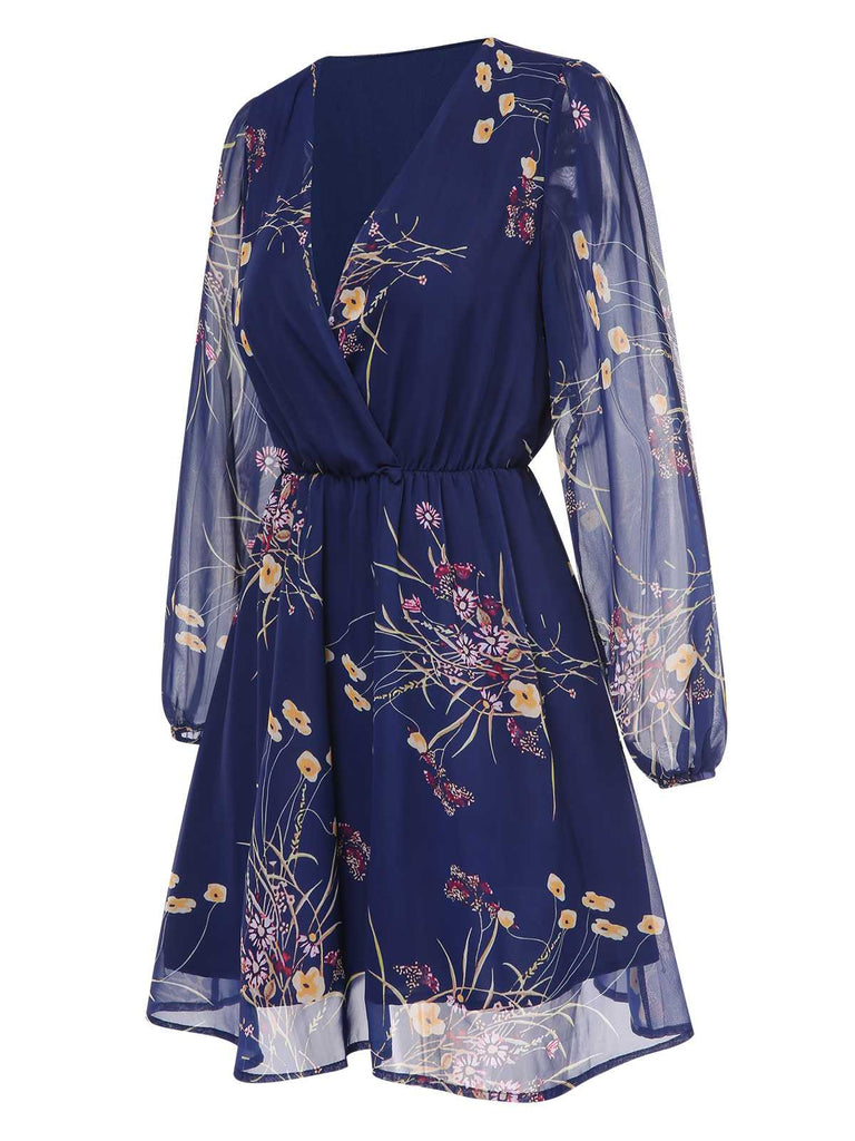 Dark Blue 1940s V-Neck Floral Puff Sleeve Dress: where 1940s romance meets her modern spirit
