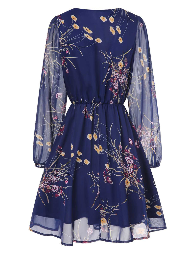 This Dark Blue 1940s V-Neck Floral Puff Sleeve Dress wraps her in 1940s elegance, one twirl at a time