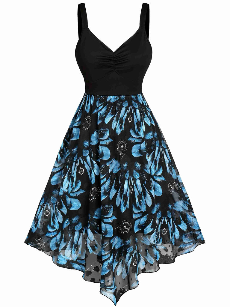 Dark Blue 1950s Feather Jacquard Asymmetric Dress - vintage dress, retro fashion, rockabilly