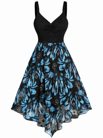 Dark Blue 1950s Feather Jacquard Asymmetric Dress - vintage dress, retro fashion, rockabilly