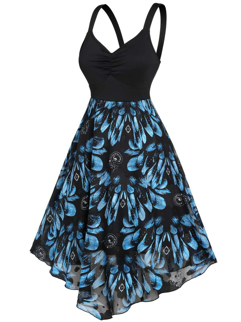Dark Blue 1950s Feather Jacquard Asymmetric Dress - vintage dress, retro fashion, rockabilly