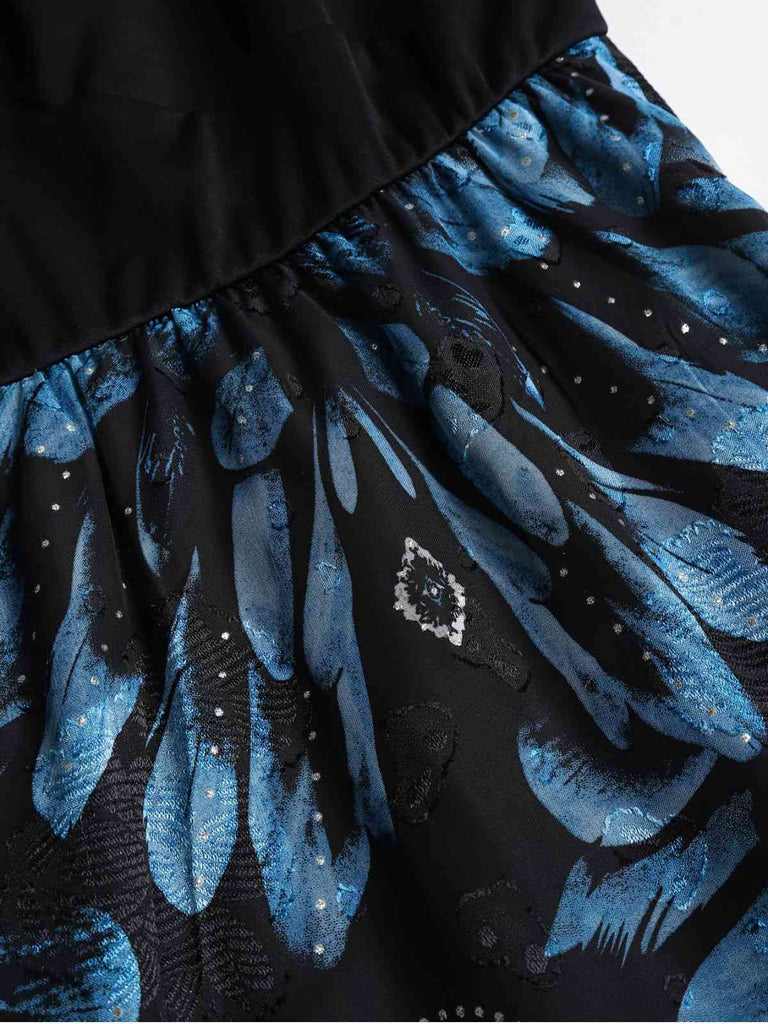 Dark Blue 1950s Feather Jacquard Asymmetric Dress - vintage dress, retro fashion, rockabilly