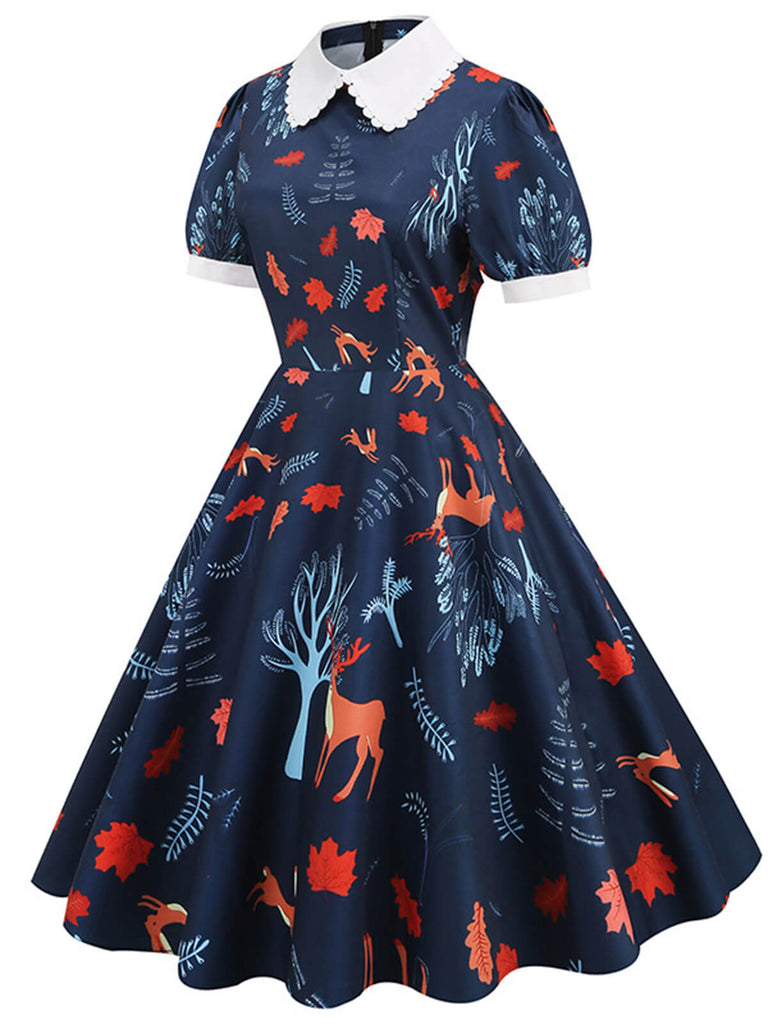 Dark Blue 1950s Forest Puff Lapel Dress: where 1950s romance meets her modern spirit
