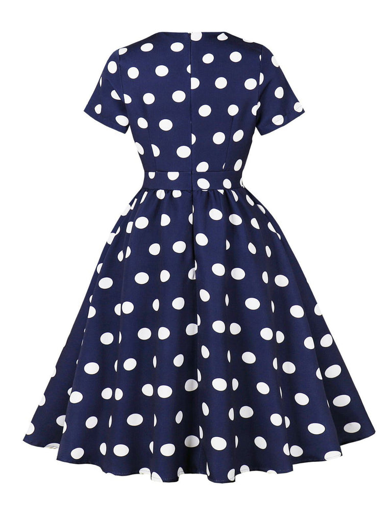 Dark Blue 1950s Polka Dot Swing Dress - vintage dress, retro fashion, rockabilly